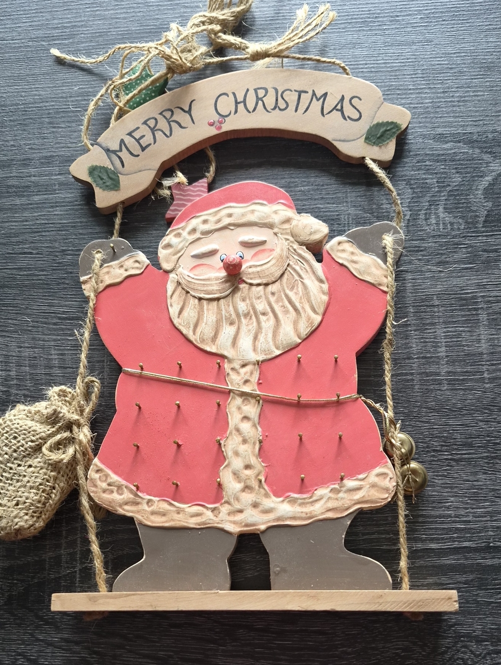 Merry Christmas Santa Wooden Hanging - Folk Art Vntg